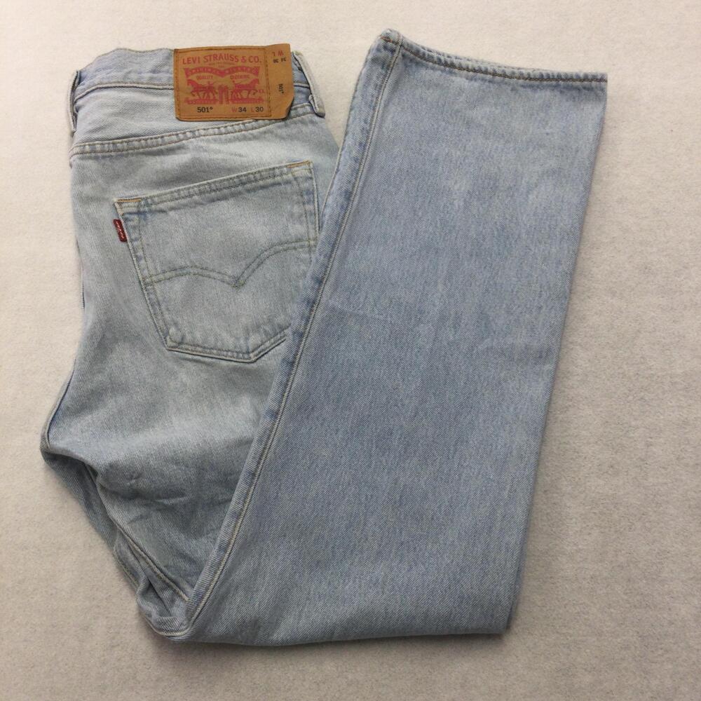 Levis 501 Jeans Mens 34x30 Light Wash Blue Button Fly Straight Leg Denim Red Tab